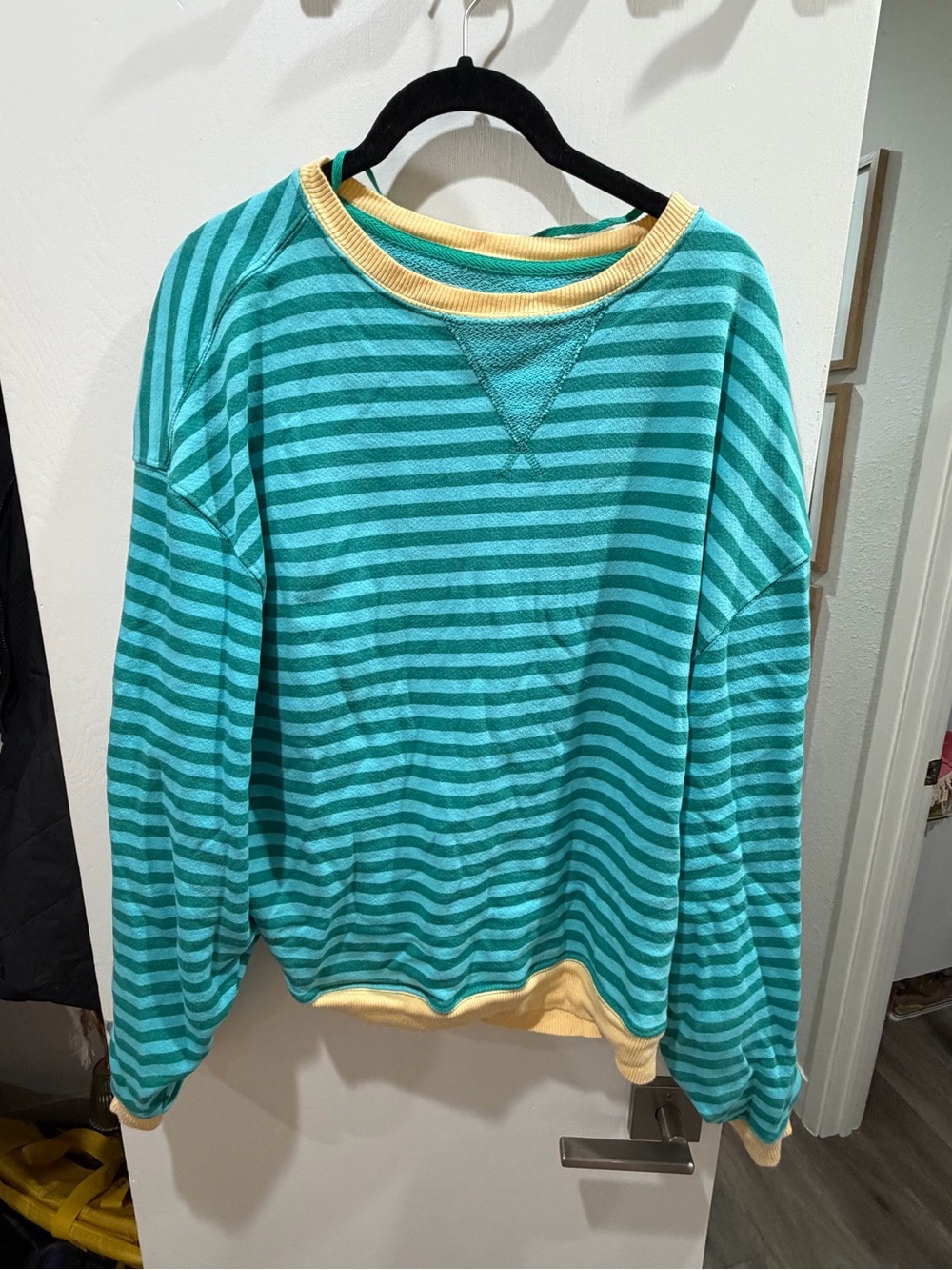 Free People Teal Striped Crewneck Sweater with Yellow Trim